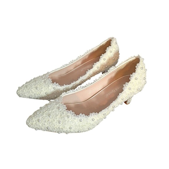 Crystal Queen Lace Daisy‎ & Pearl White Womens Heel Bridal Shoes Elegant 6.5 - Picture 5 of 14